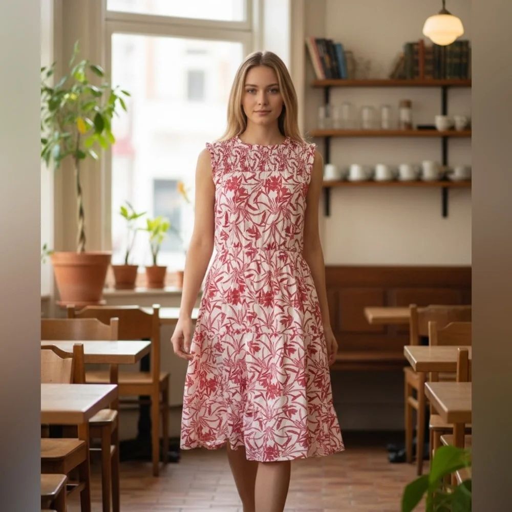 Hayden Pink White Floral Sleeveless Smocked Midi Dress Large